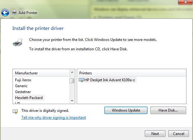 Installing HP Deskjet Ink Advant K109a-z on my Windows Home Server ...
